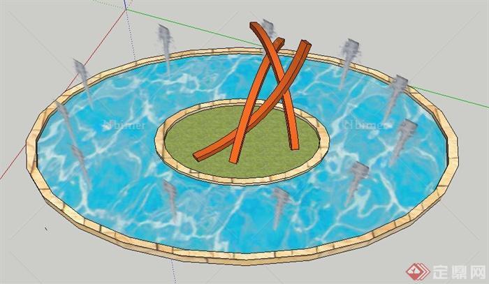 现代简约椭圆形喷泉水池su模型