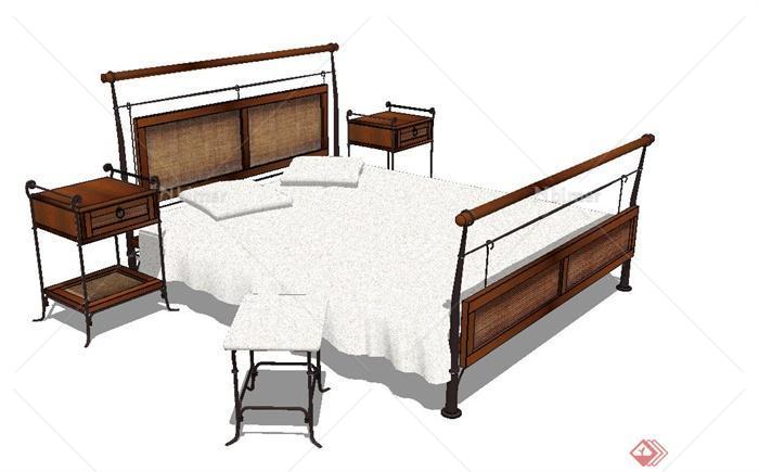 中式风格双人床、床头柜设计SU模型[原创]