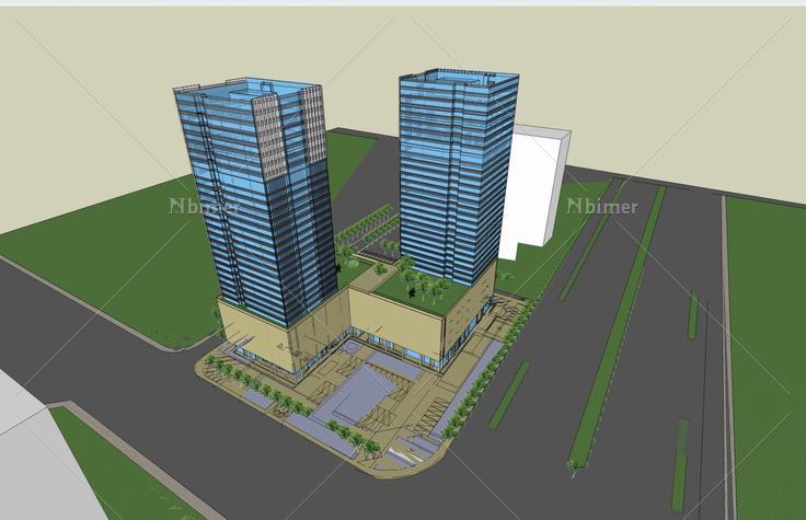 现代双塔式商业办公楼(49162)su模型下载