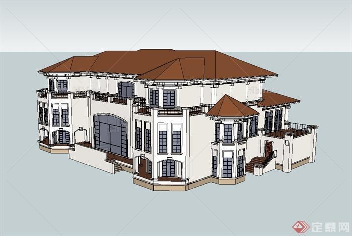 某欧式风格详细精致大型别墅建筑设计SU模型[原创