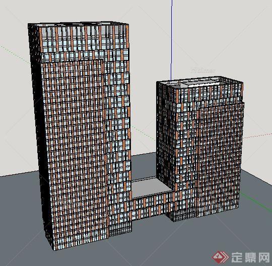 现代双塔状写字楼建筑设计su模型[原创]
