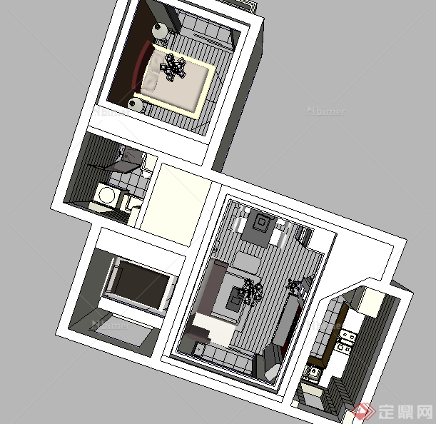 某现代风格两室两厅室内空间装饰设计SU模型[原创