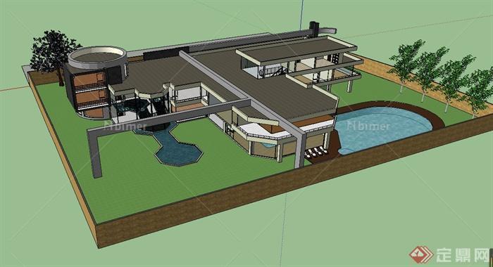 某现代会所建筑设计SU模型（带室内）