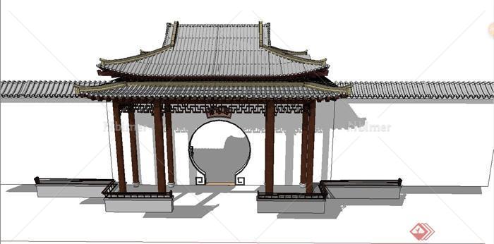 古典中式歇山亭围墙组合设计SU模型