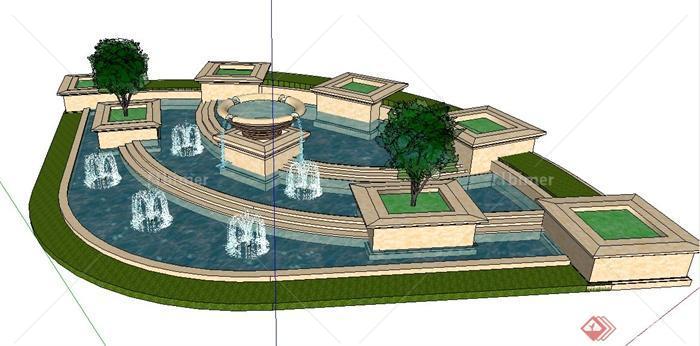 现代风格转角处喷泉叠水景观su模型