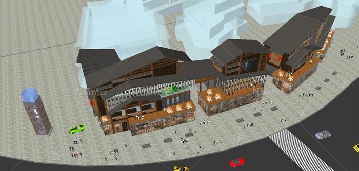 东南亚风格休闲购物广场商铺建筑SU精致设计模型
