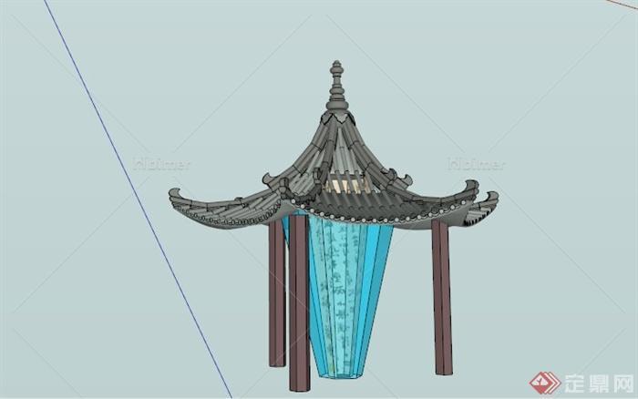 现代中式玻璃柱装饰亭子SU模型