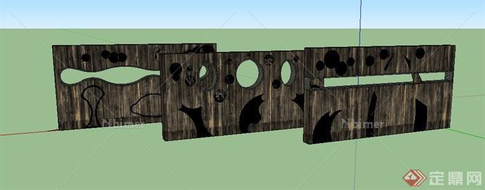 三块木质错落镂空景墙设计SU模型