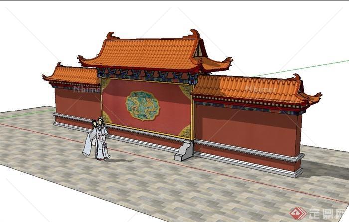 古典中式风格皇家园林影壁景墙设计su模型[原创]