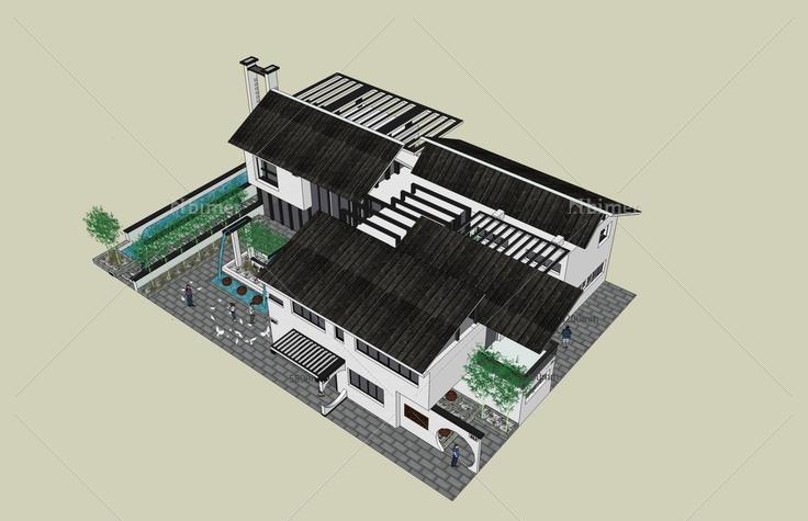 新中式独栋别墅(39480)su模型下载