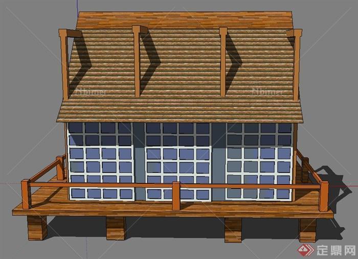 某方形木质玻璃沙滩小屋设计SU模型