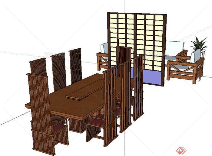 一组日式风格沙发茶几、餐桌椅su模型