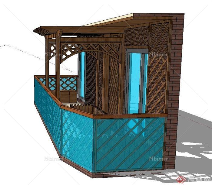 建筑阳台木廊架设计SU模型