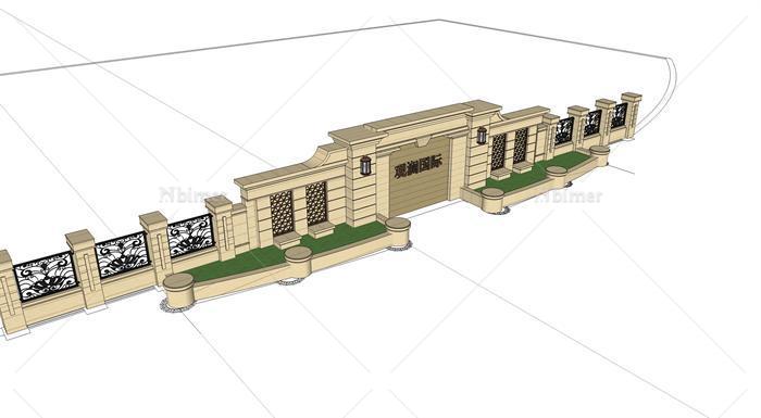 某高档住宅区景墙＋围墙设计SU模型含CAD图[原创