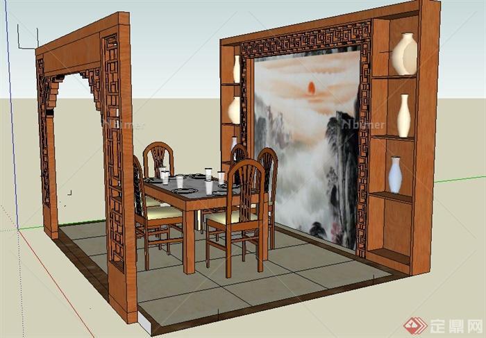 现代中式餐桌椅组合su模型