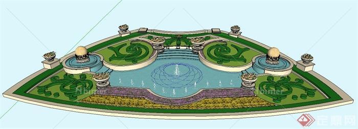 现代喷泉花池组合景观su模型