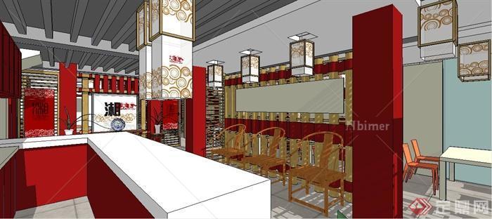 现代新中式餐厅室内装修设计su模型[原创]