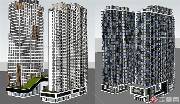 两栋现代风格商住楼建筑设计方案SketchUp(SU)3D