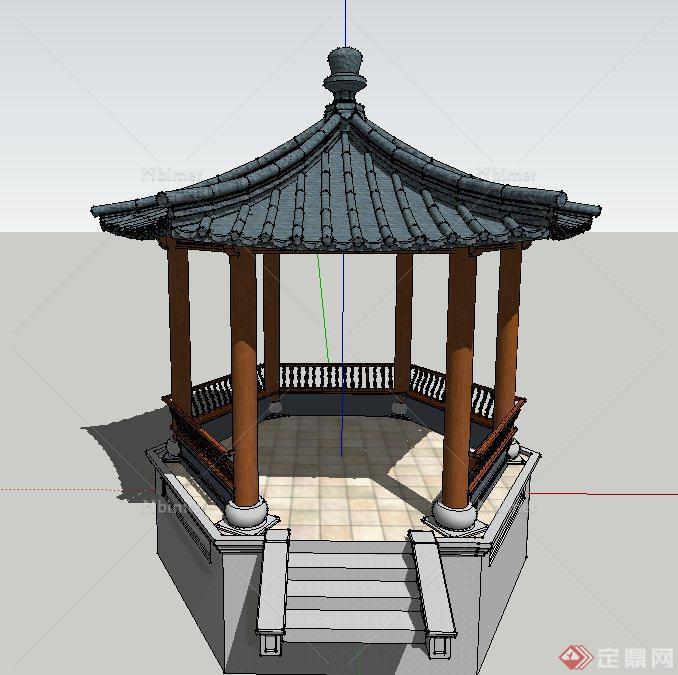 古典中式景观六角亭设计SU模型
