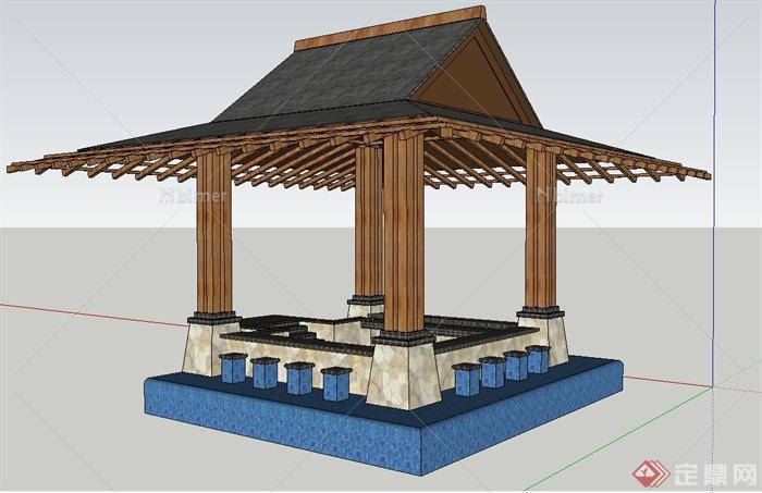 园林景观节点东南亚温泉凉亭设计SU模型