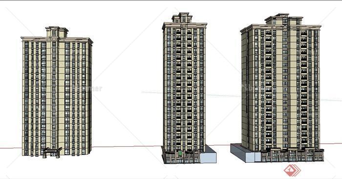三栋高层电梯房住宅楼建筑设计su模型[原创]