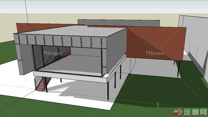 现代风格架空单层小别墅建筑设计SketchUp模型[原