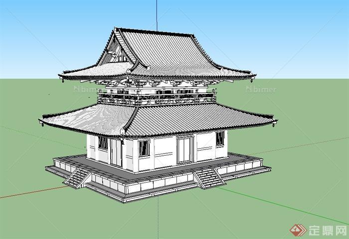古典中式两层塔楼建筑设计SU模型