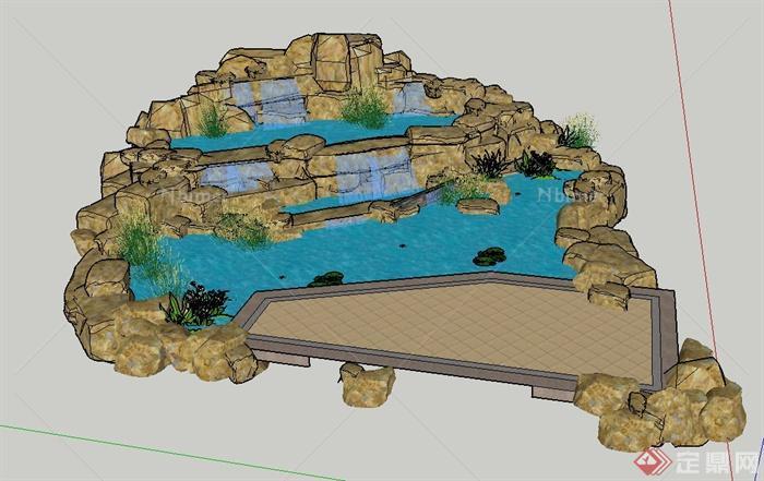 园林景观节点水景与景石组合设计SU模型