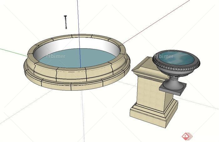 现代水钵、水池、景观柱设计su模型[原创]