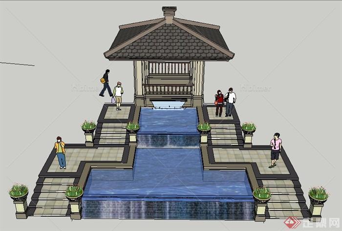 现代中式风格观景亭及叠水景观su模型