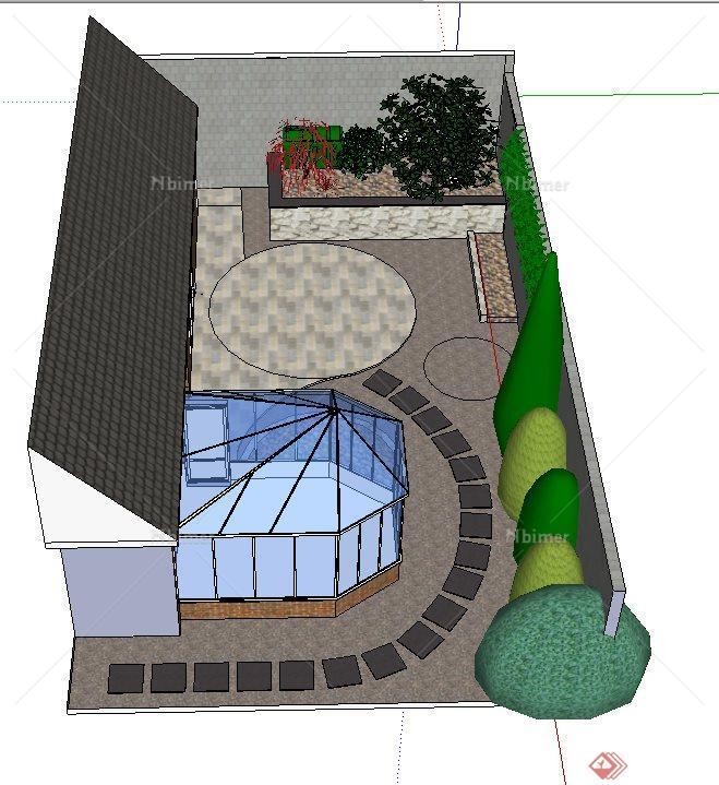 某住宅后院景观设计SU模型（带阳光房）