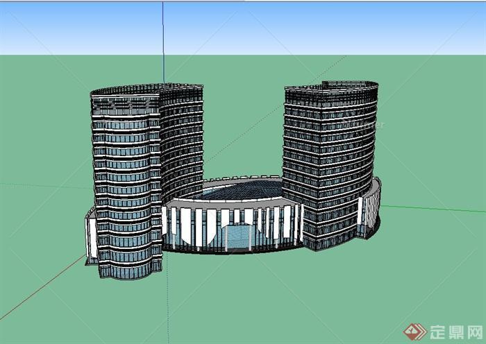 两栋高层酒店组合建筑设计su模型