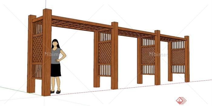 现代中式简洁木制廊架设计su模型