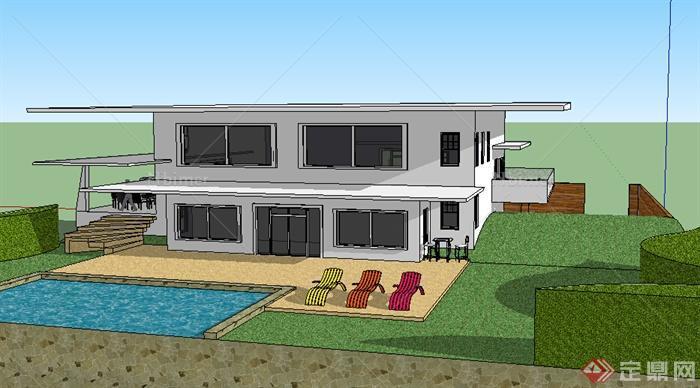 某2层别墅建筑设计SU模型（含泳池）