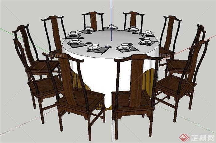 中式风格十人座圆形餐桌椅su模型