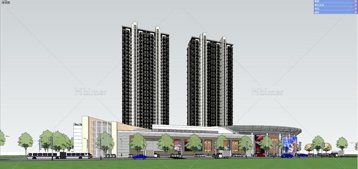 某现代高层住宅及商业广场建筑设计方案SU模型[原