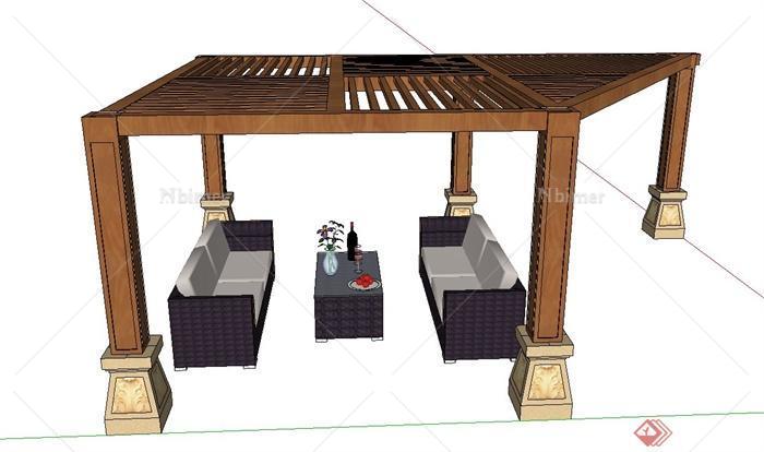 梯形木廊架与沙发茶几组合设计SU模型