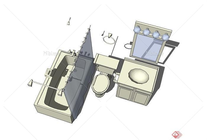 现代风格卫生间浴室、马桶、洗漱柜、洗脸盆SU模