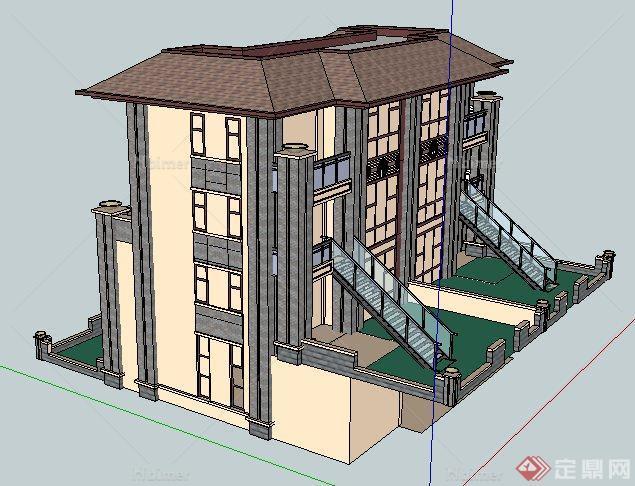 现代中式风格双拼别墅建筑设计su模型