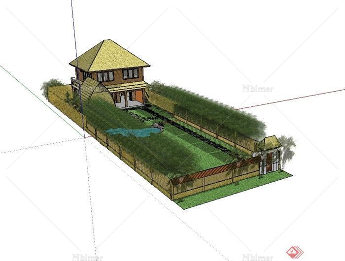某东南亚风格独特别墅建筑及庭院景观设计su模型