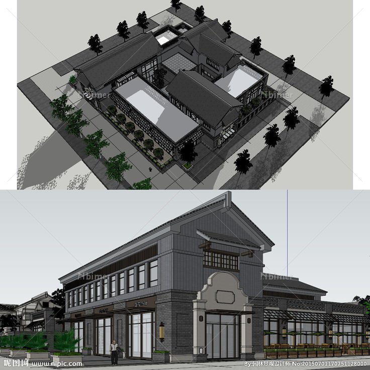 现代中式四合院会所建筑模型图片