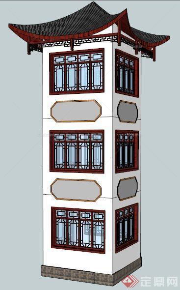 古典中式四角景观塔楼设计su模型