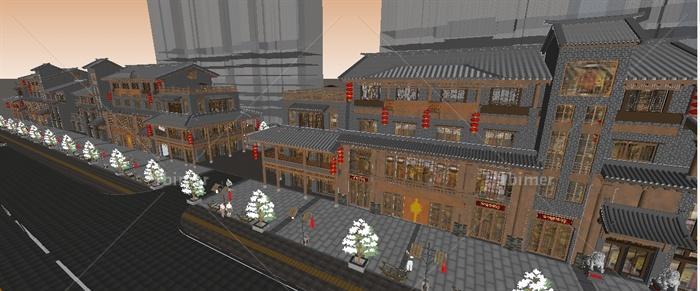 仿古滨江商业街建筑与景观sketchup精致设计模型