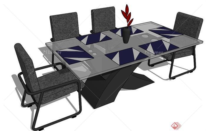 现代简约长方形餐桌椅su模型