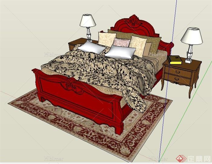 美式风格床及床头柜su模型
