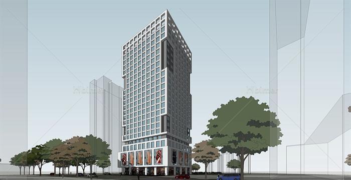 某高层商业办公楼建筑设计SU模型（附JPG+CAD方案