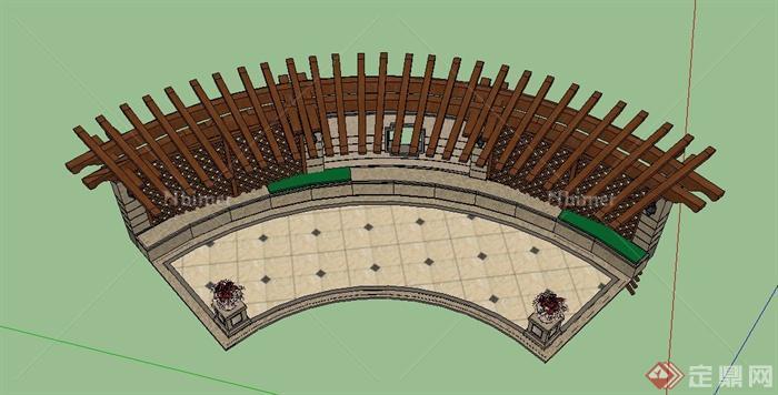 某木质弧形廊架、景墙、花钵组合设计SU模型
