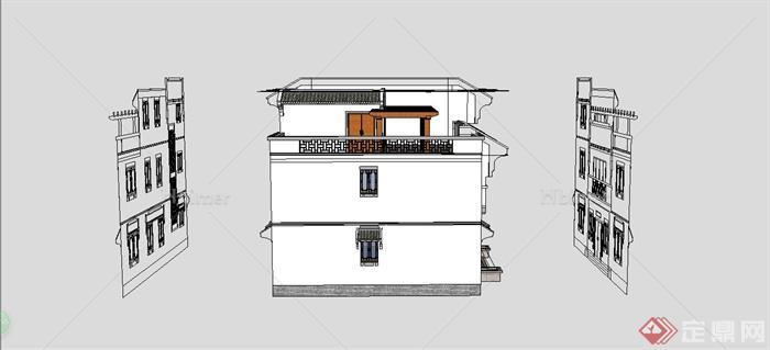 某现代中式风格独栋小别墅建筑设计SU模型[原创]