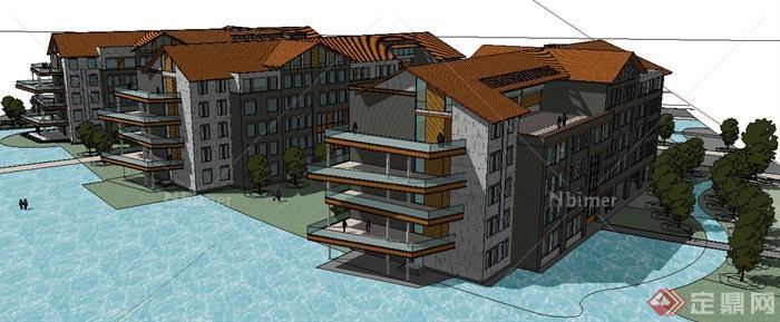 某现代风格三栋联排滨水住宅楼建筑设计su模型