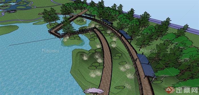 某生态湿地栈道廊架滨水景观设计SU模型（含效果